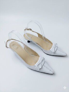 Vintage Casual Corner White Leather Bow Slingback Kitten Heels Size 7.5